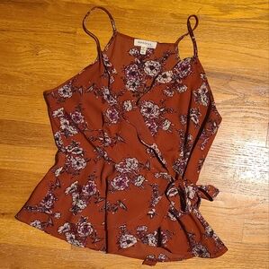 Monteau Rust Asymmetrical Tie-Front Floral Blouse